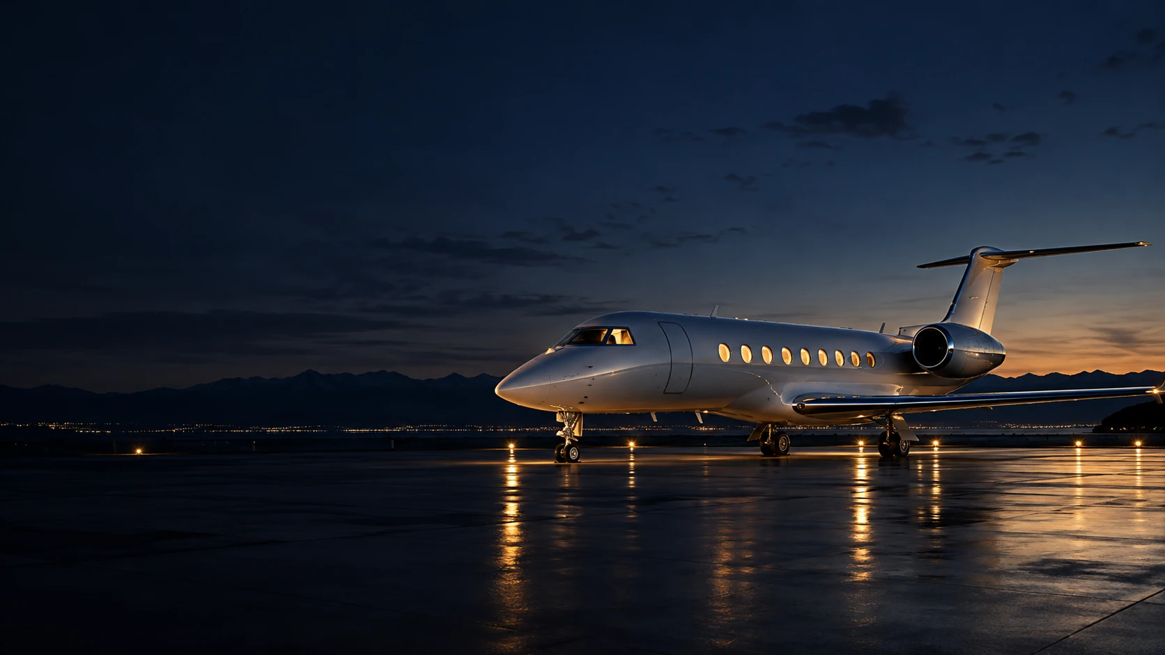 Private jet above the clouds at night