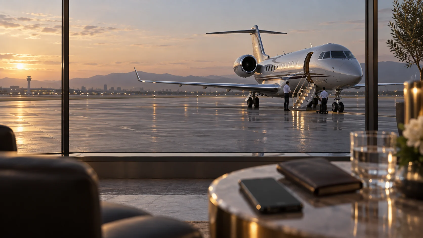 Private jet on the apron at sunset
