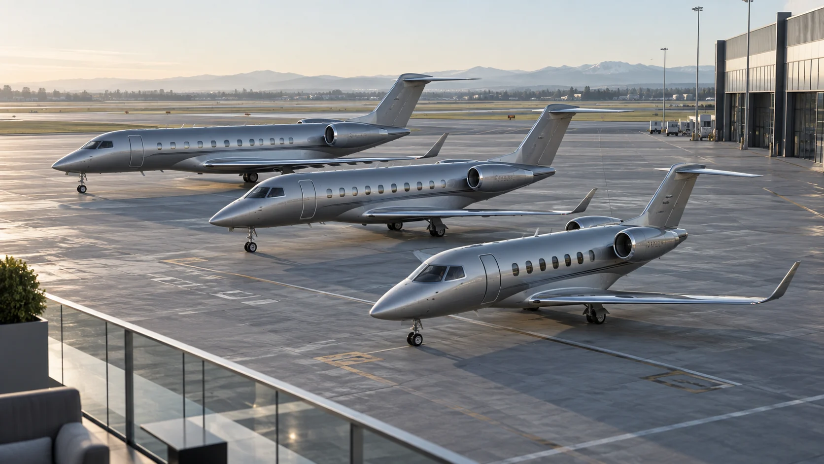 Several private jets parked on a floodlit apron