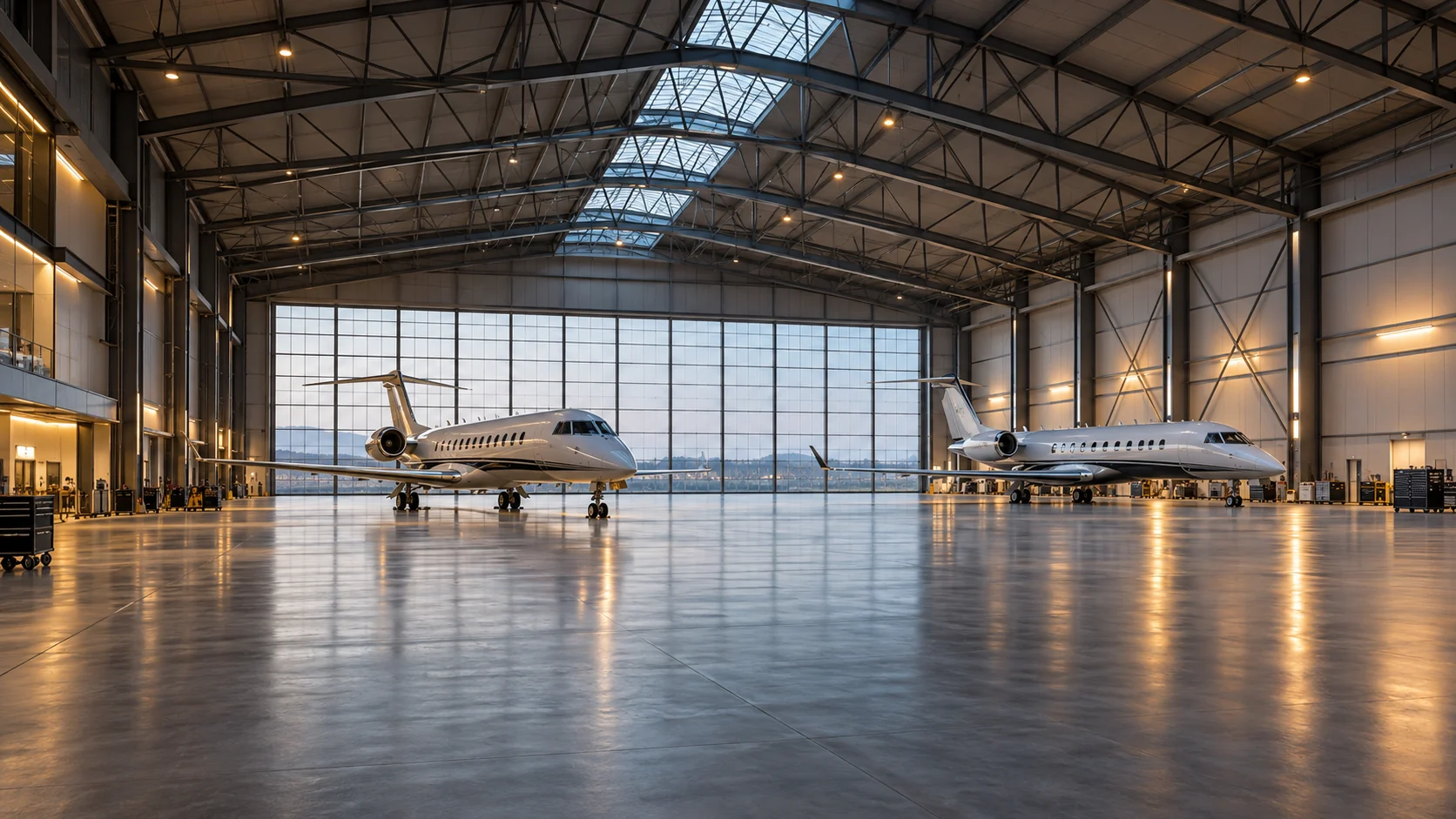 Private jets inside a large modern hangar