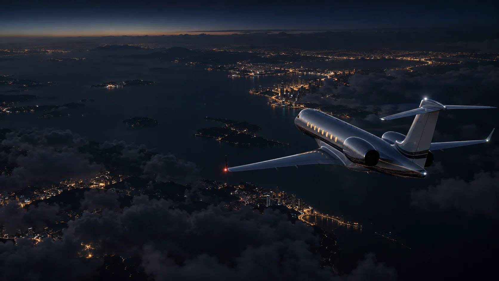 Private jet above the clouds at night